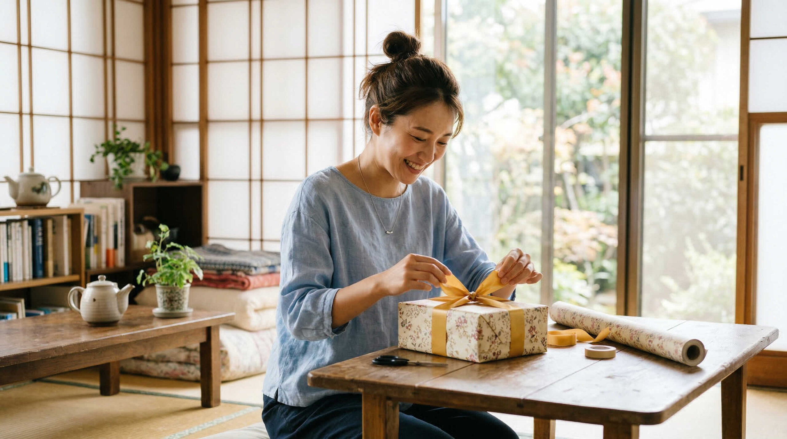 基本の包み方とリボン掛けの手順